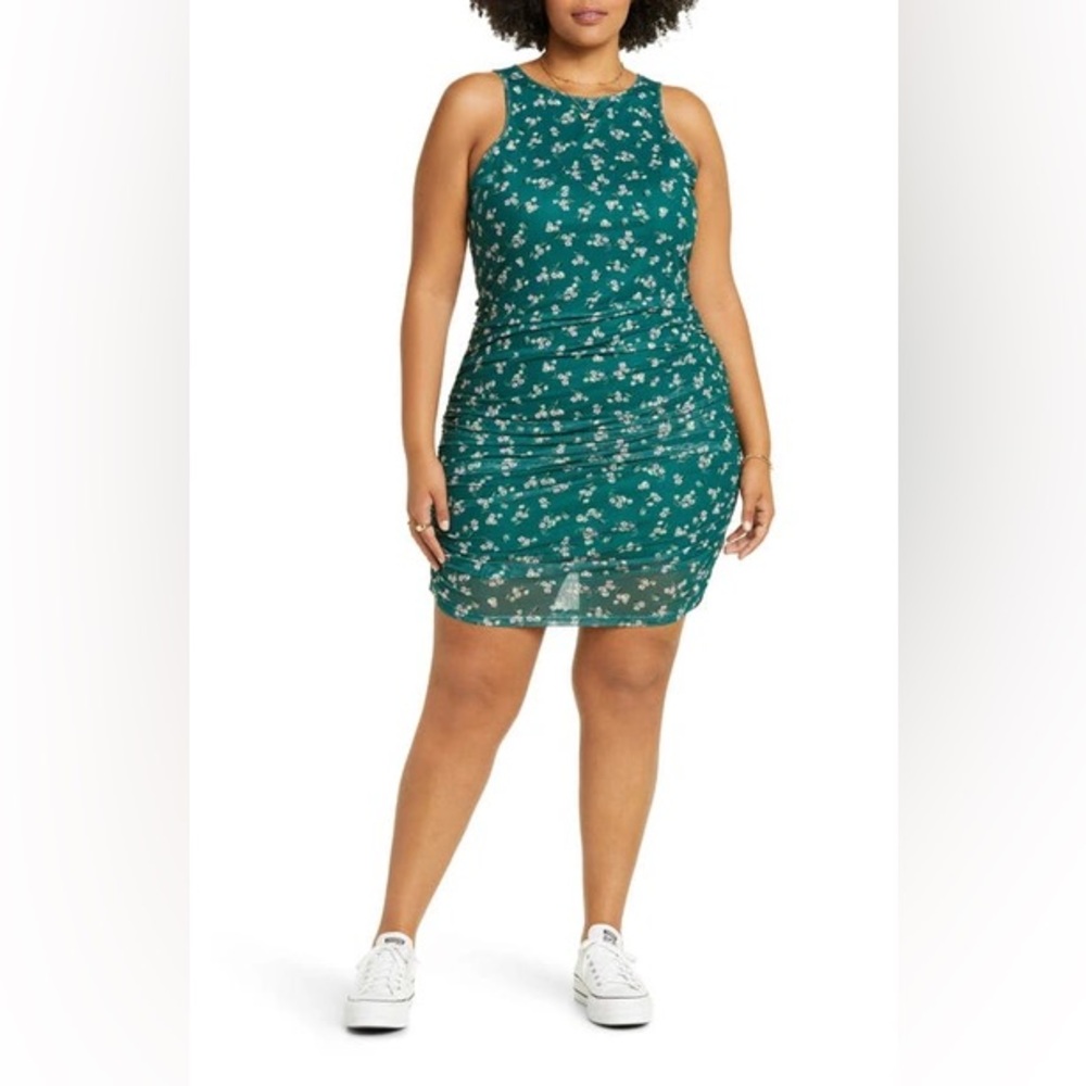 NWT Bp. Ruched Mesh Bodycon Dress in Green Botanical Kacey Floral - Size 1X